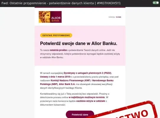 Fałszywe ostrzeżenie o blokadzie konta. Oszuści polują na klientów Alior Banku