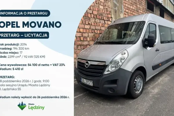 Lędziny: drugi przetarg na Opla Movano – 17 miejsc, cena 54 100 zł netto