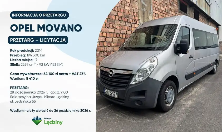 Lędziny: drugi przetarg na Opla Movano – 17 miejsc, cena 54 100 zł netto