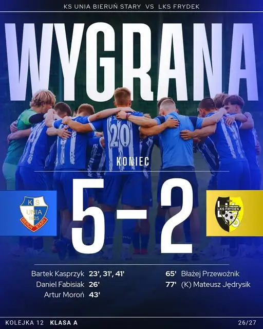 Unia Bieruń Stary rozgromiła LKS Frydek 5:2 i zapewniła sobie fotel lidera
