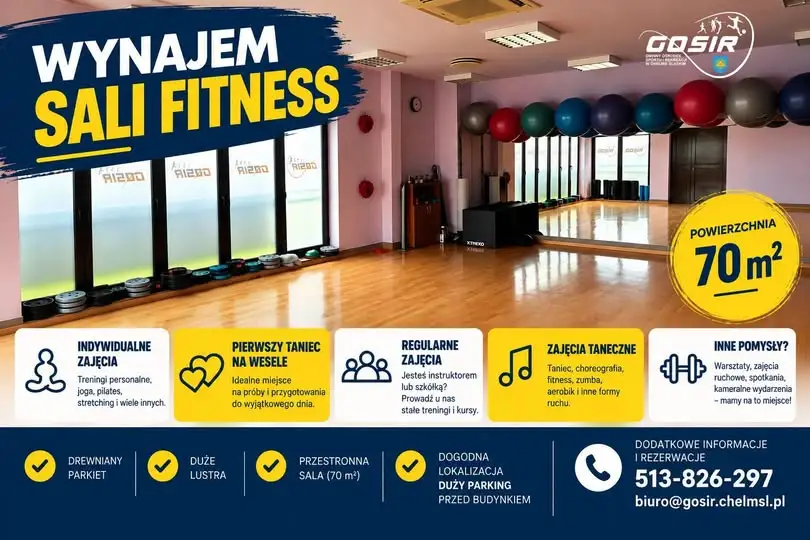 Wynajmij salę fitness w GOSiR Chełm Śląski – idealna przestrzeń na treningi i zajęcia
